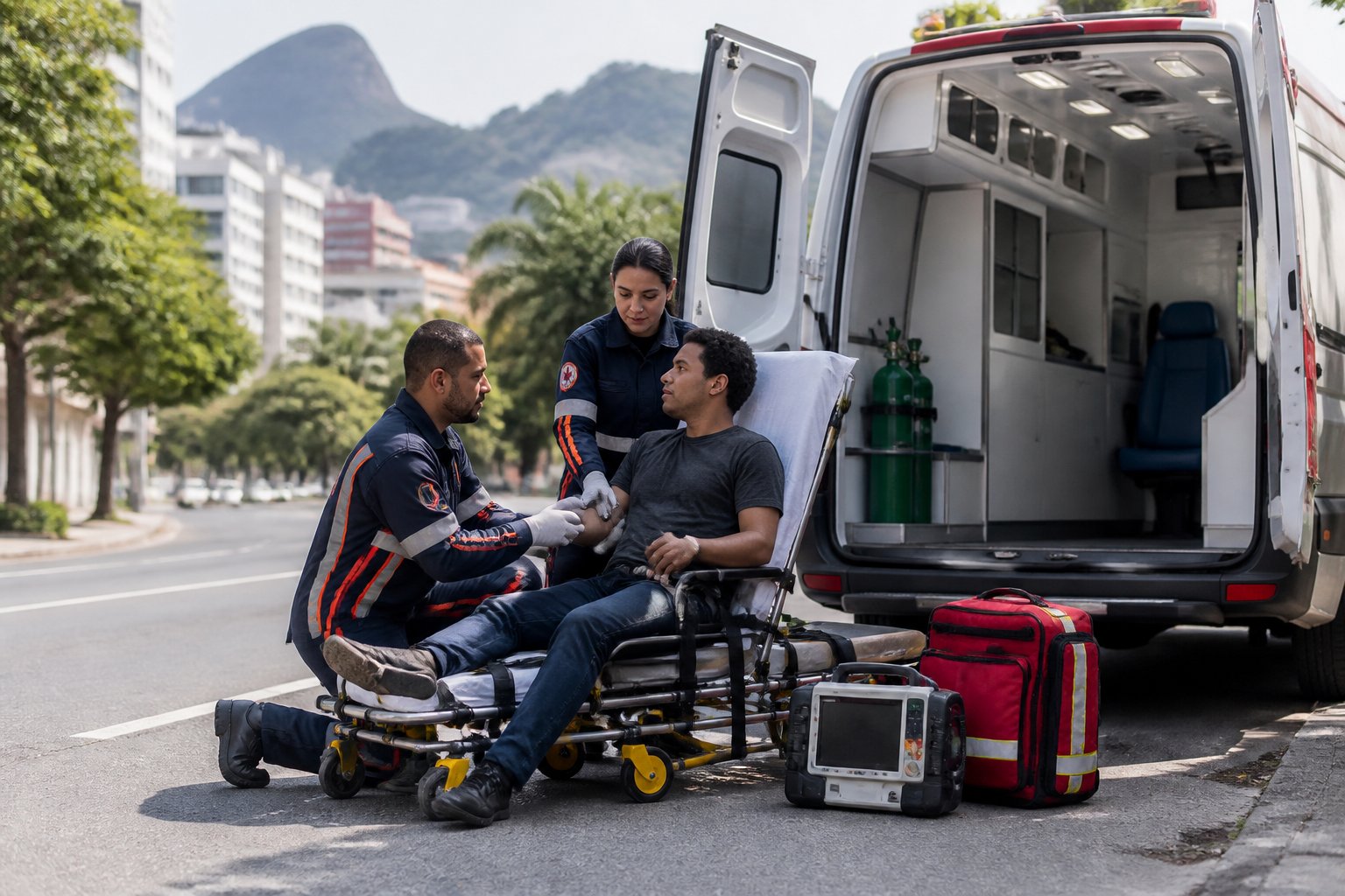Profissionais de saúde prestam atendimento a um paciente ao lado de uma ambulância em uma rua urbana do Rio de Janeiro.
