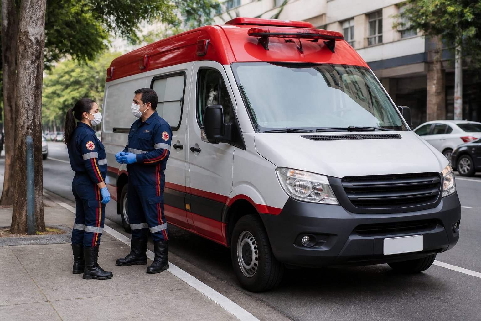 Ambulância do SAMU estacionada em uma avenida de São Paulo, com dois profissionais de emergência ao lado.