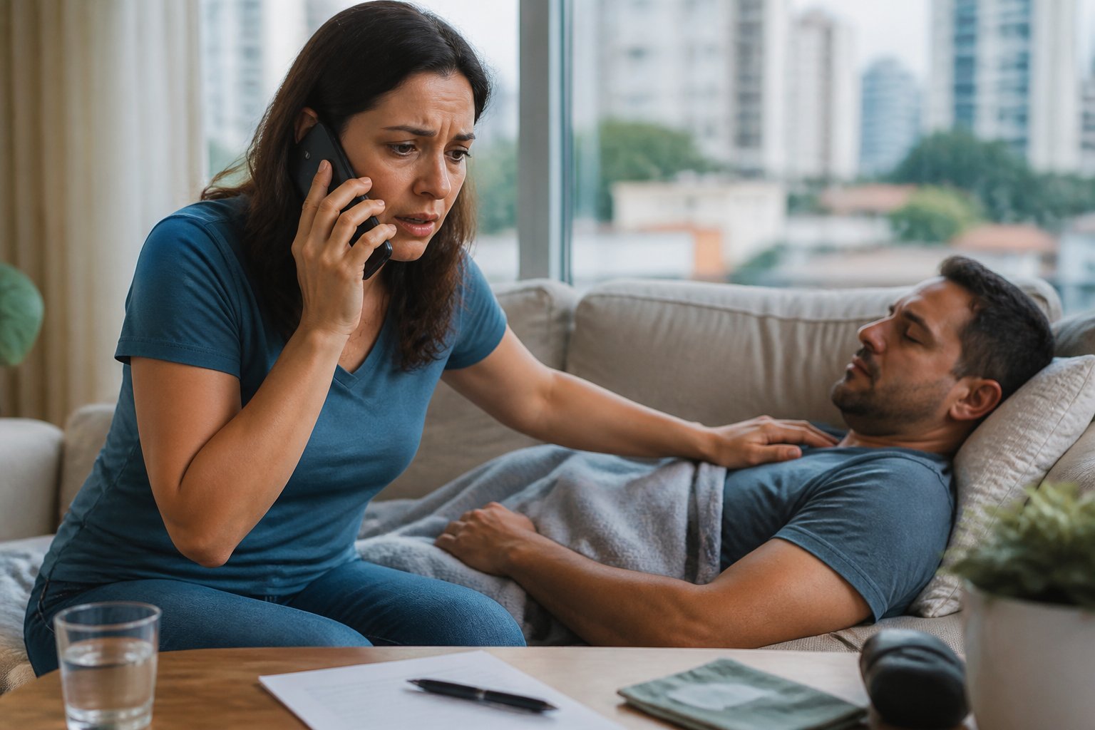 Mulher liga para o serviço de emergência enquanto um familiar recebe apoio em uma residência.