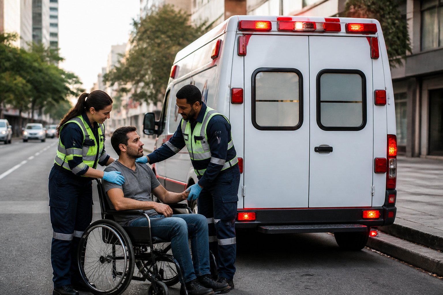 Profissionais de saúde atendem uma pessoa em cadeira de rodas ao lado de uma ambulância em uma rua urbana.