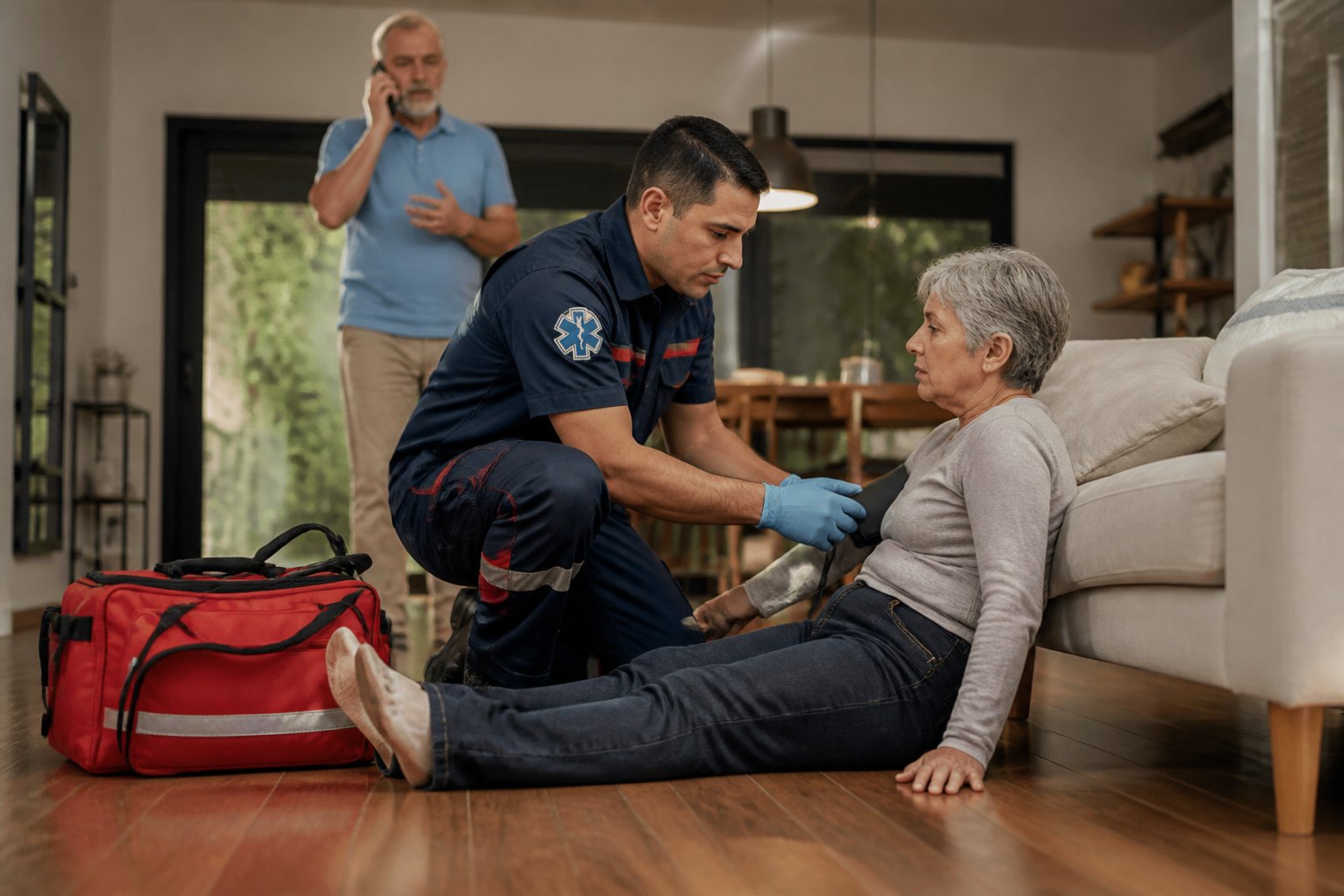 Socorrista atende uma pessoa em uma residência enquanto outra liga para pedir uma ambulância.