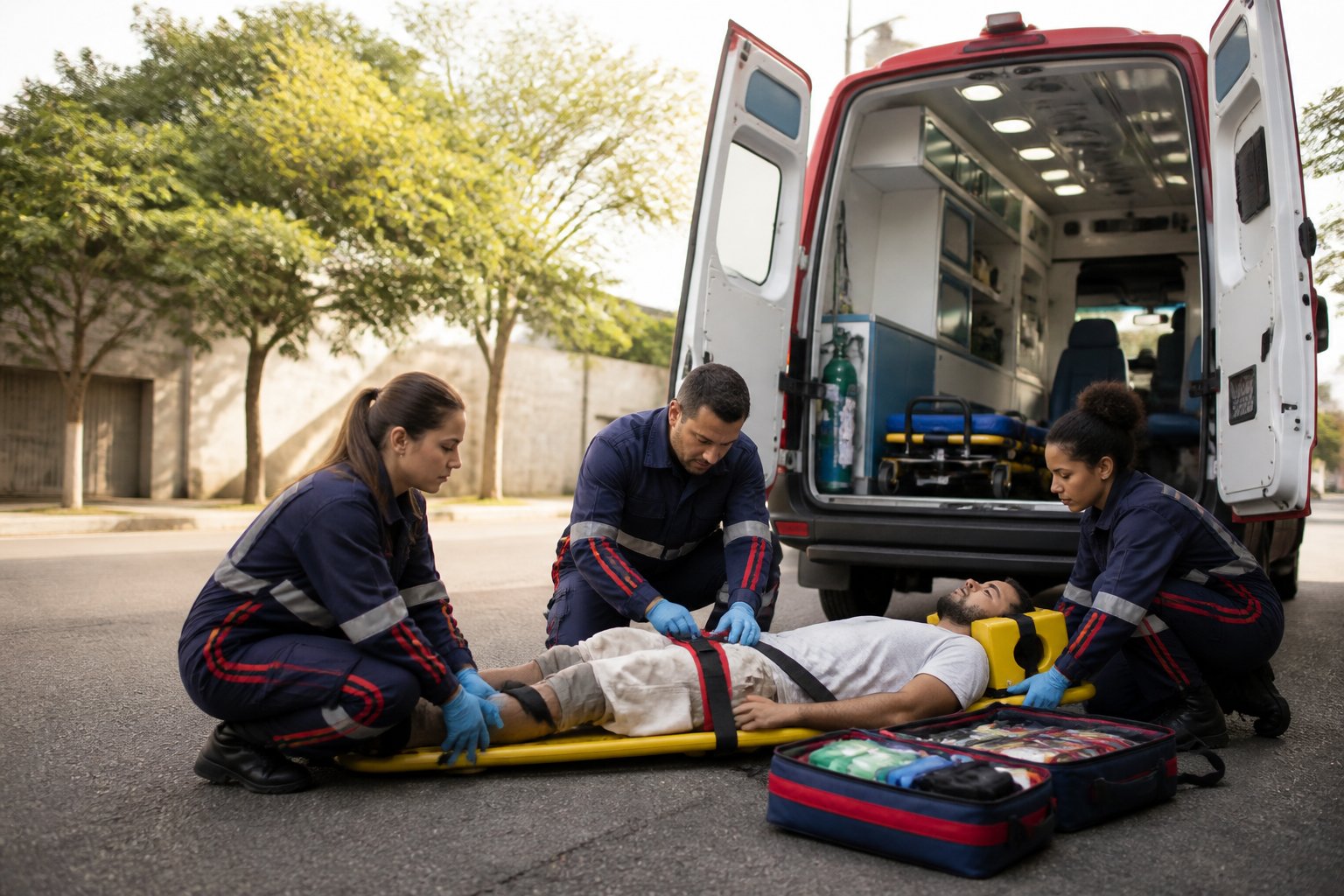 Socorristas prestam atendimento a uma pessoa ao lado de uma ambulância em uma rua urbana.