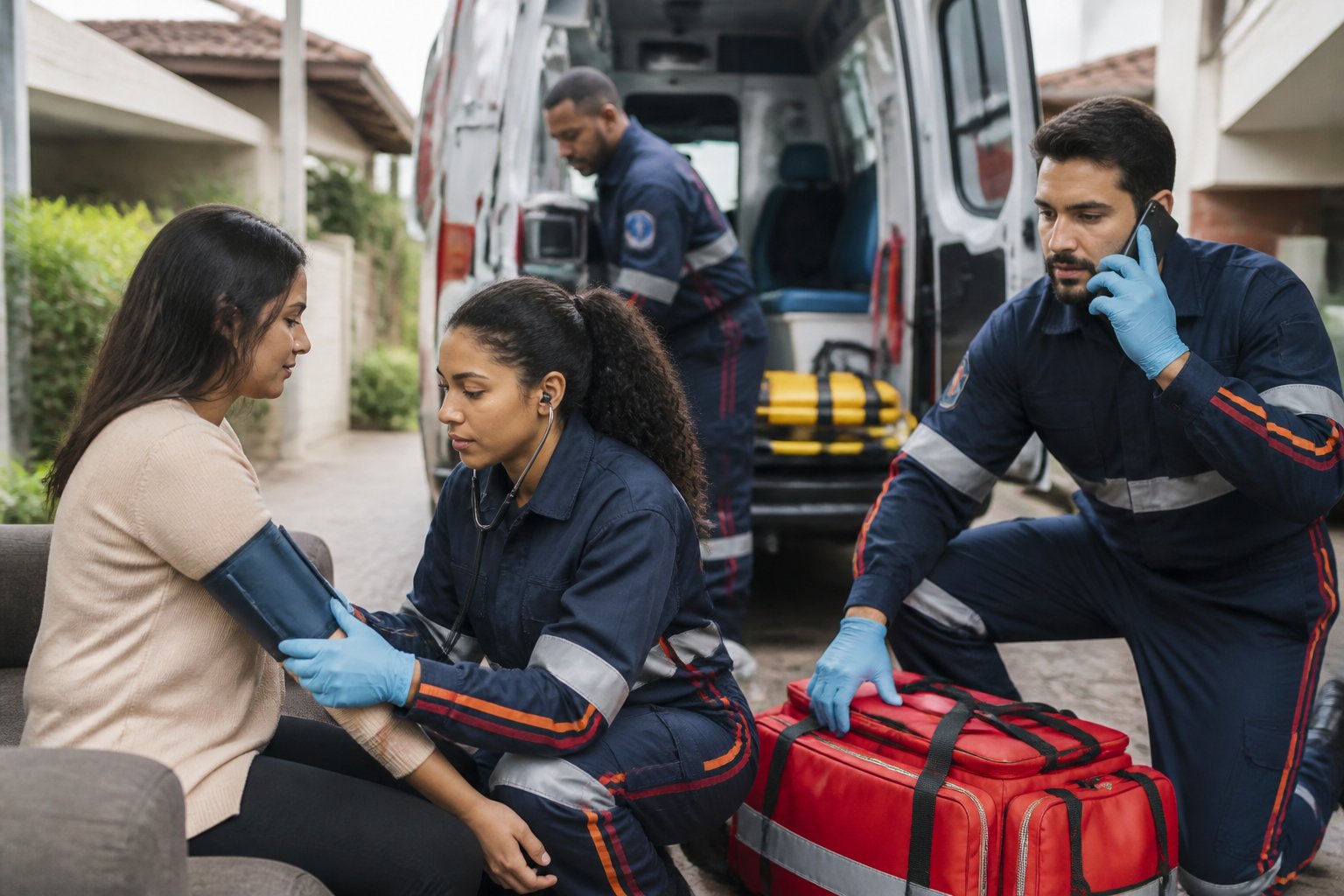 Paramédicos prestam atendimento a uma pessoa enquanto uma ambulância aguarda ao fundo.