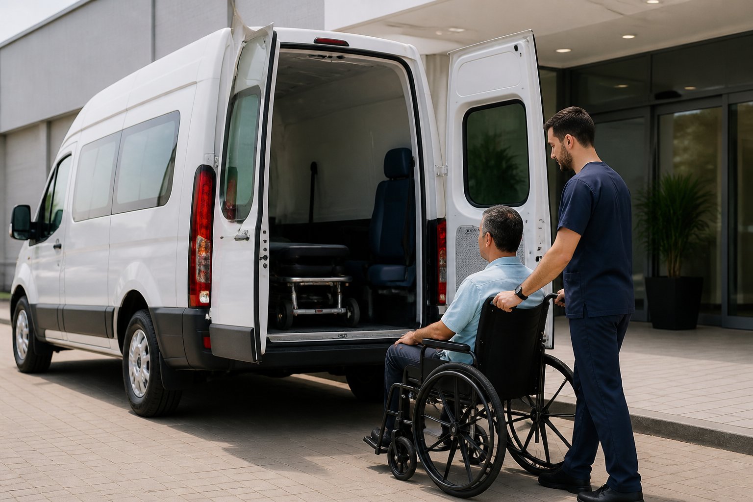 Ambulância de transporte tipo A em frente a uma unidade de saúde, com um profissional auxiliando um paciente em cadeira de rodas.