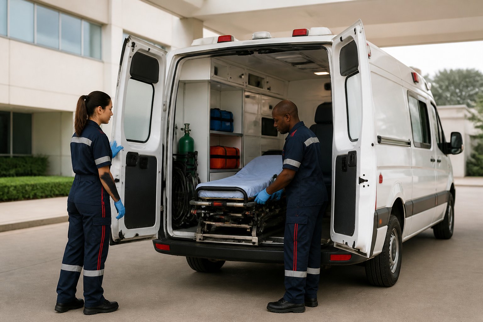 Ambulância branca com as portas traseiras abertas e equipamentos de transporte organizados, enquanto profissionais de saúde conferem a maca e os materiais.