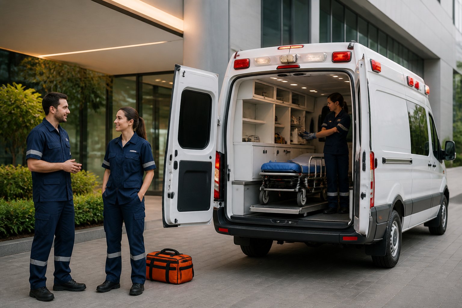 Qual o Valor de Uma Ambulância Particular: Guia Completo de Preços e Fatores 1 Ambulância particular moderna com profissionais de saúde em frente a uma clínica.