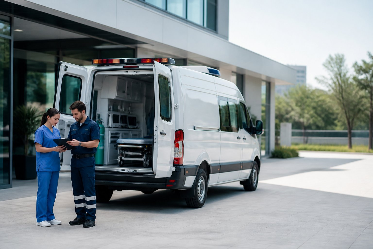 Qual o Valor de Uma Ambulância Particular: Guia Completo de Preços e Fatores 2 Ambulância particular moderna estacionada diante de uma clínica, com dois profissionais de saúde ao lado.