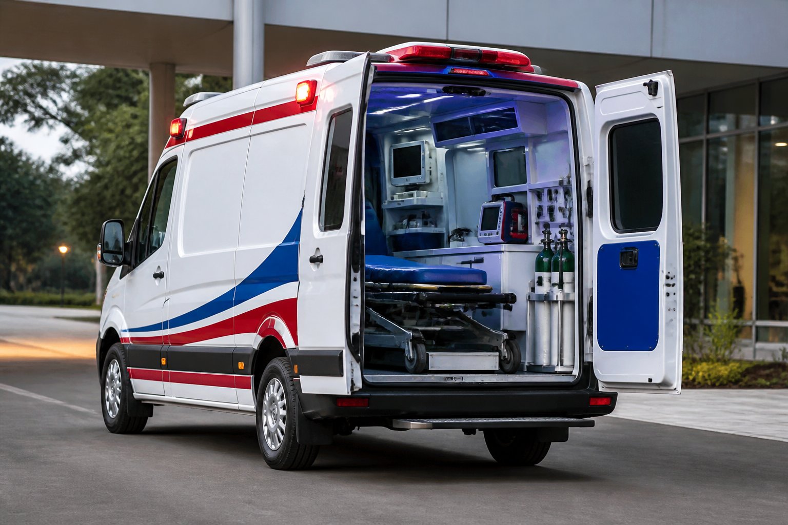 Ambulância UTI móvel moderna com as portas traseiras abertas, mostrando equipamentos médicos organizados.