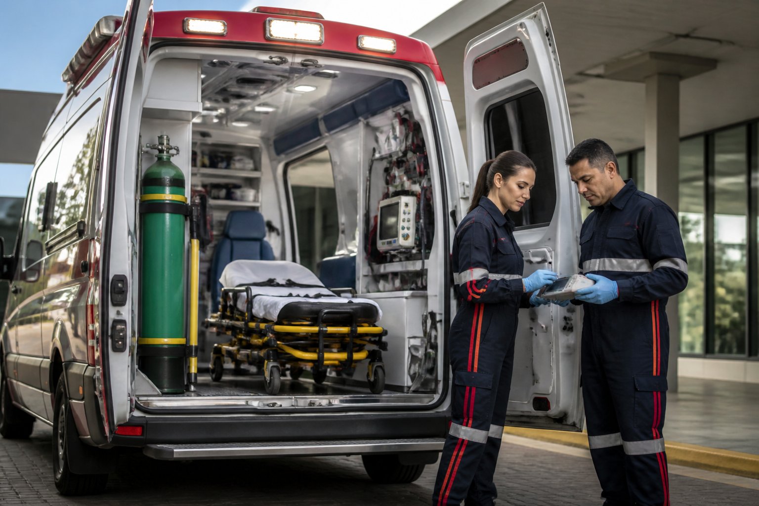 Ambulância UTI móvel com a porta traseira aberta, equipamentos médicos visíveis e profissionais de emergência realizando uma conferência.