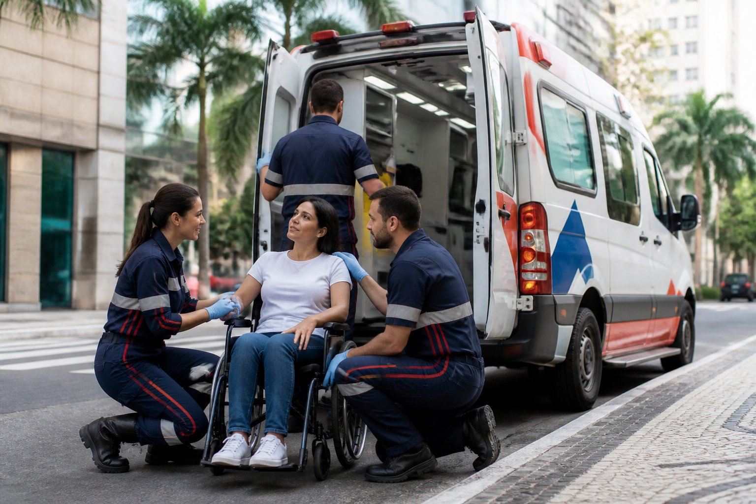 Paramédicos atendem uma pessoa em uma cadeira de rodas ao lado de uma ambulância em uma rua urbana.