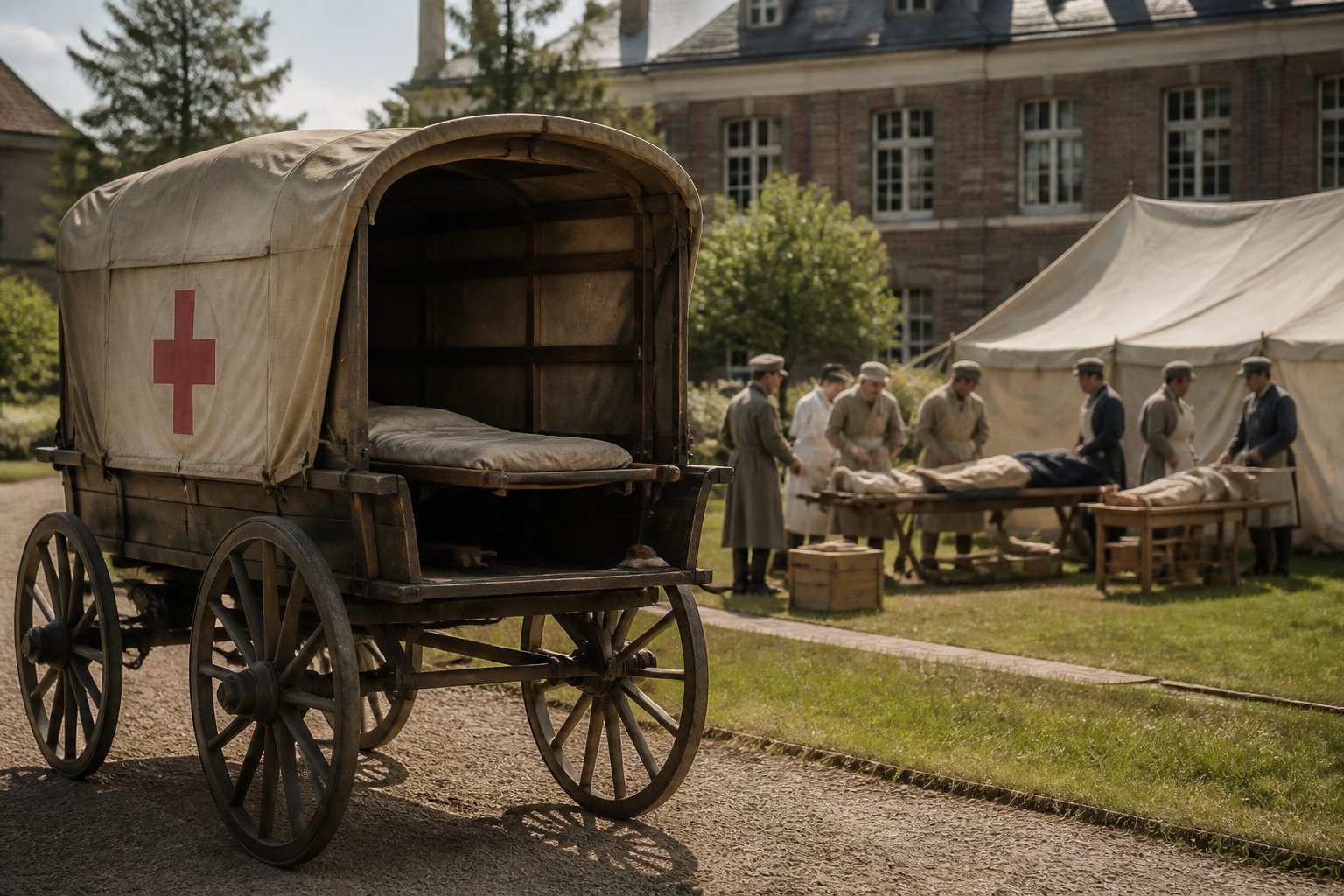 Antiga ambulância de campanha diante de um hospital de campanha, com profissionais de saúde atendendo pacientes.