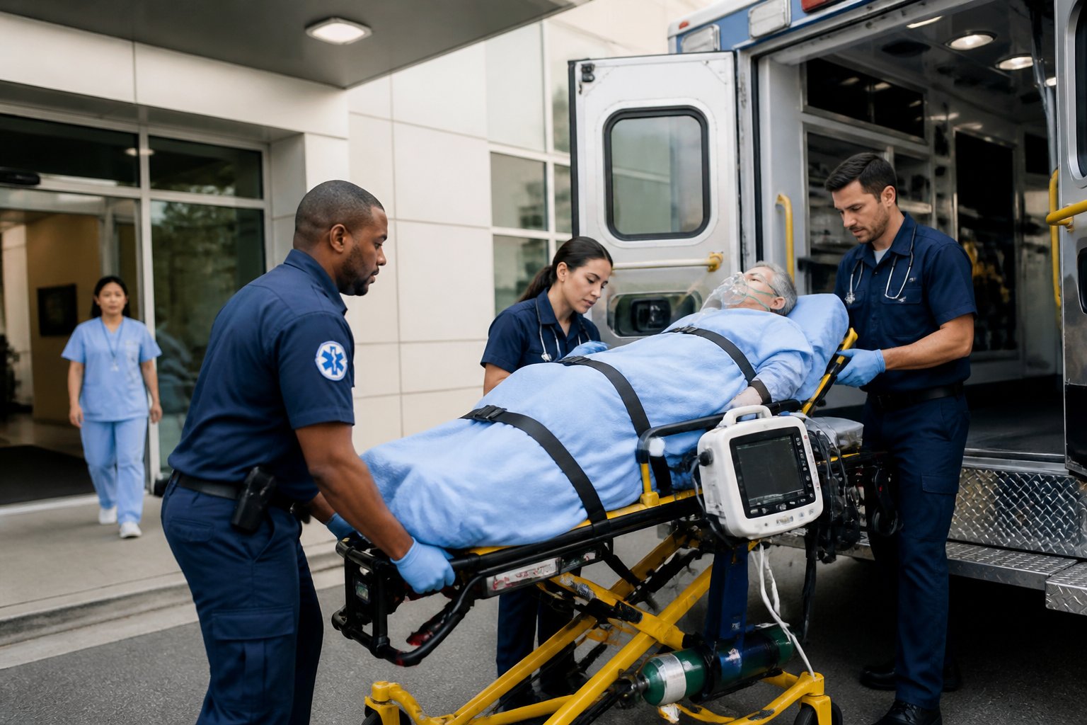 Profissionais de saúde transportam um paciente em uma maca para uma ambulância.