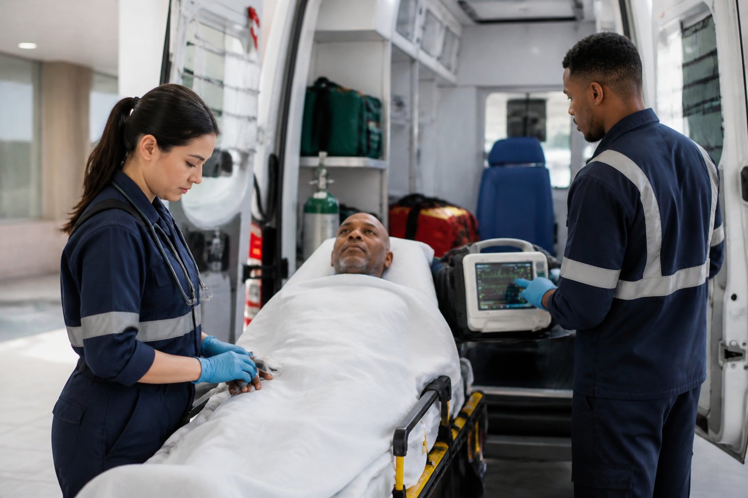 Equipe de emergência avalia um paciente em uma maca ao lado de uma ambulância.