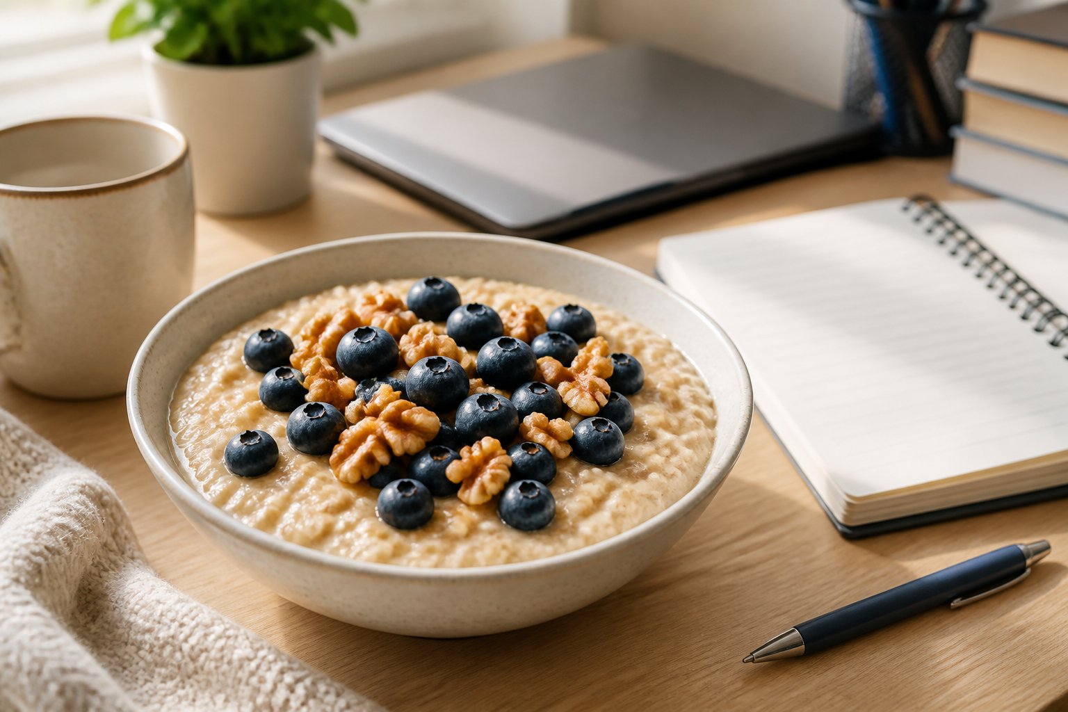 A bowl of oatmeal topped with blueberries and walnuts on a study desk.