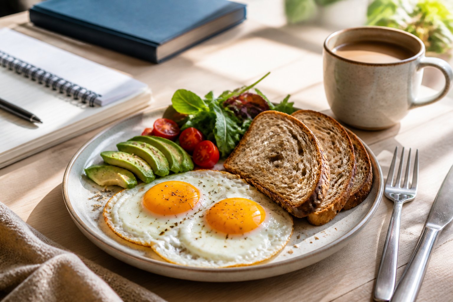 A breakfast plate with eggs and whole-grain toast beside fresh vegetables and study supplies.