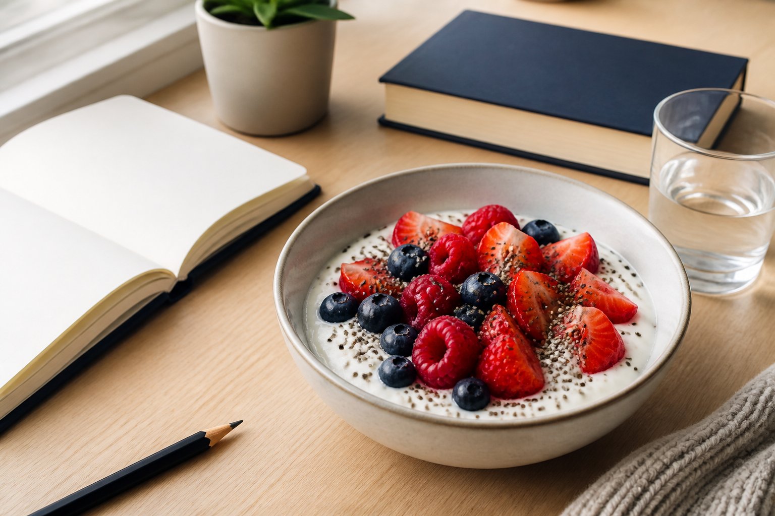 A bowl of Greek yogurt topped with berries and chia seeds sits on a study desk.
