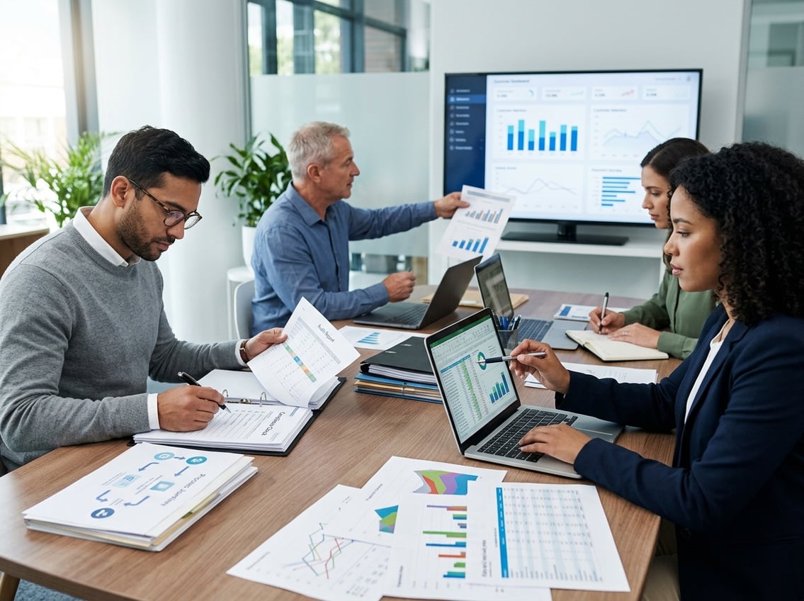 Business professionals review financial, customer, workflow, and compliance documents during a collaborative office meeting.