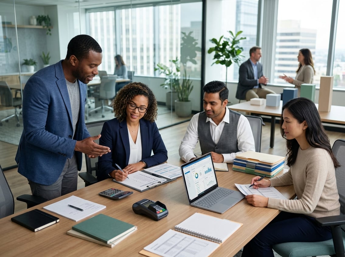 Business professionals reviewing financial and operational materials together in a modern office.