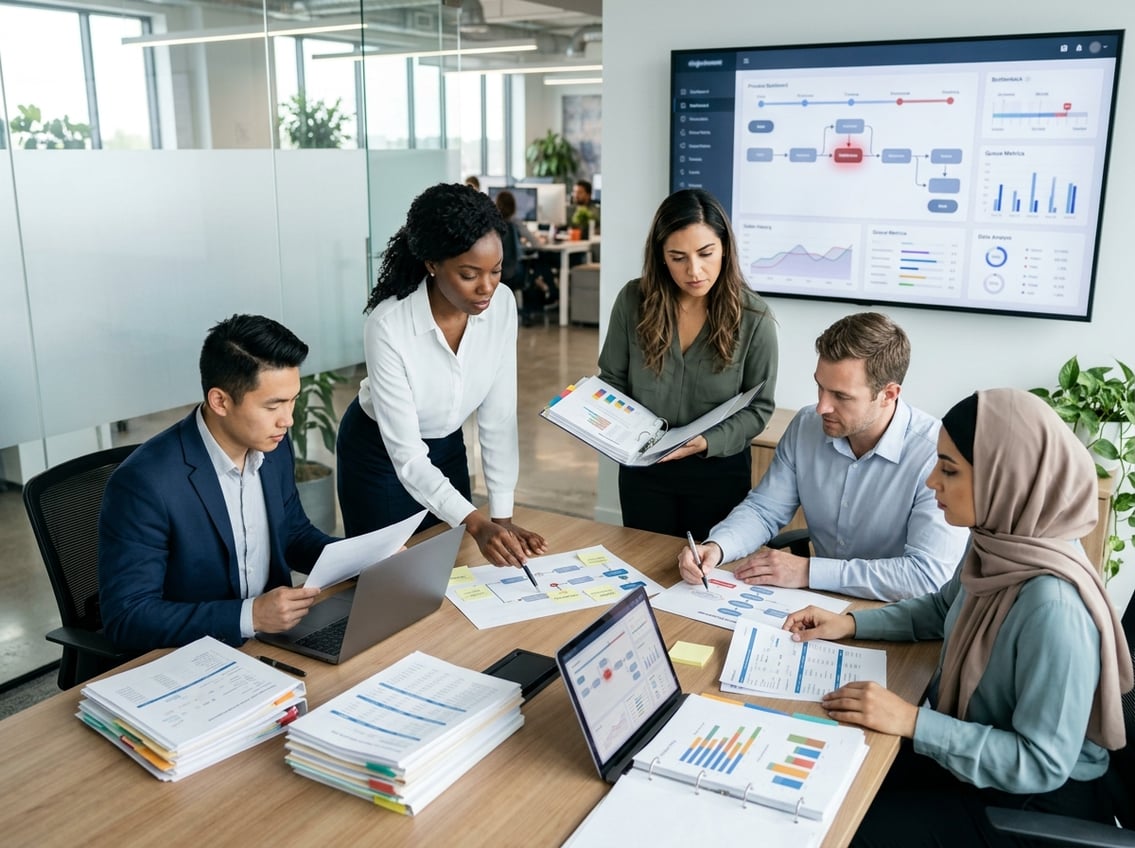 Business professionals review transaction records, audit materials, and workflow information to identify operational bottlenecks.