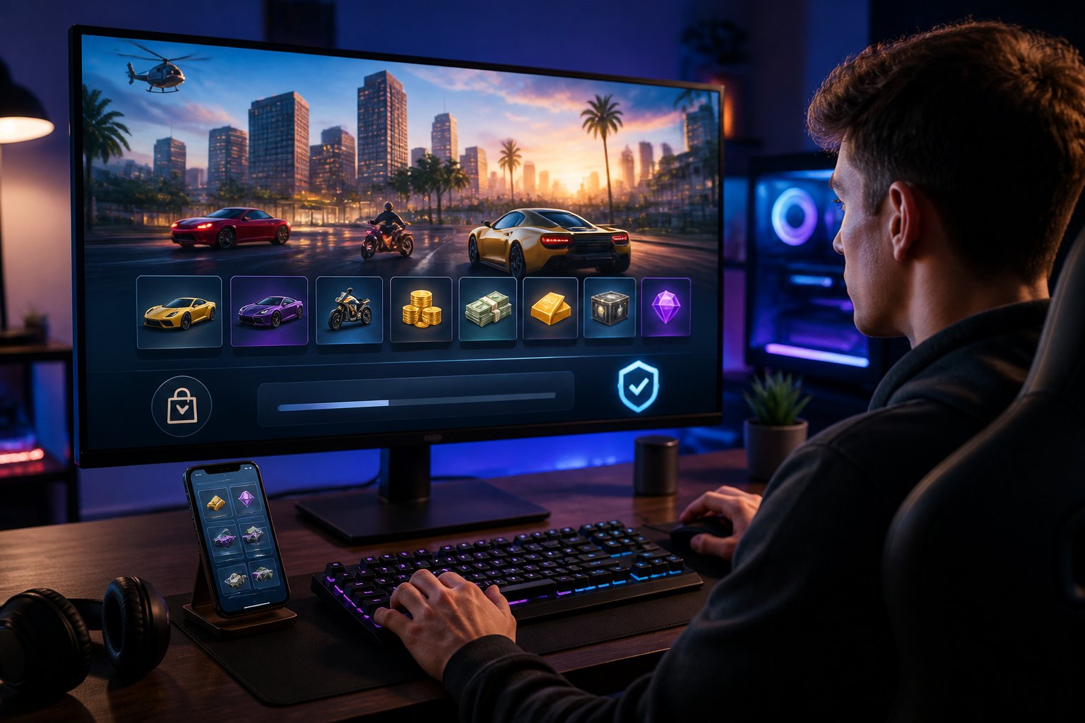 A gamer uses a computer to browse virtual cars, rewards, and other items in an open-world game marketplace.