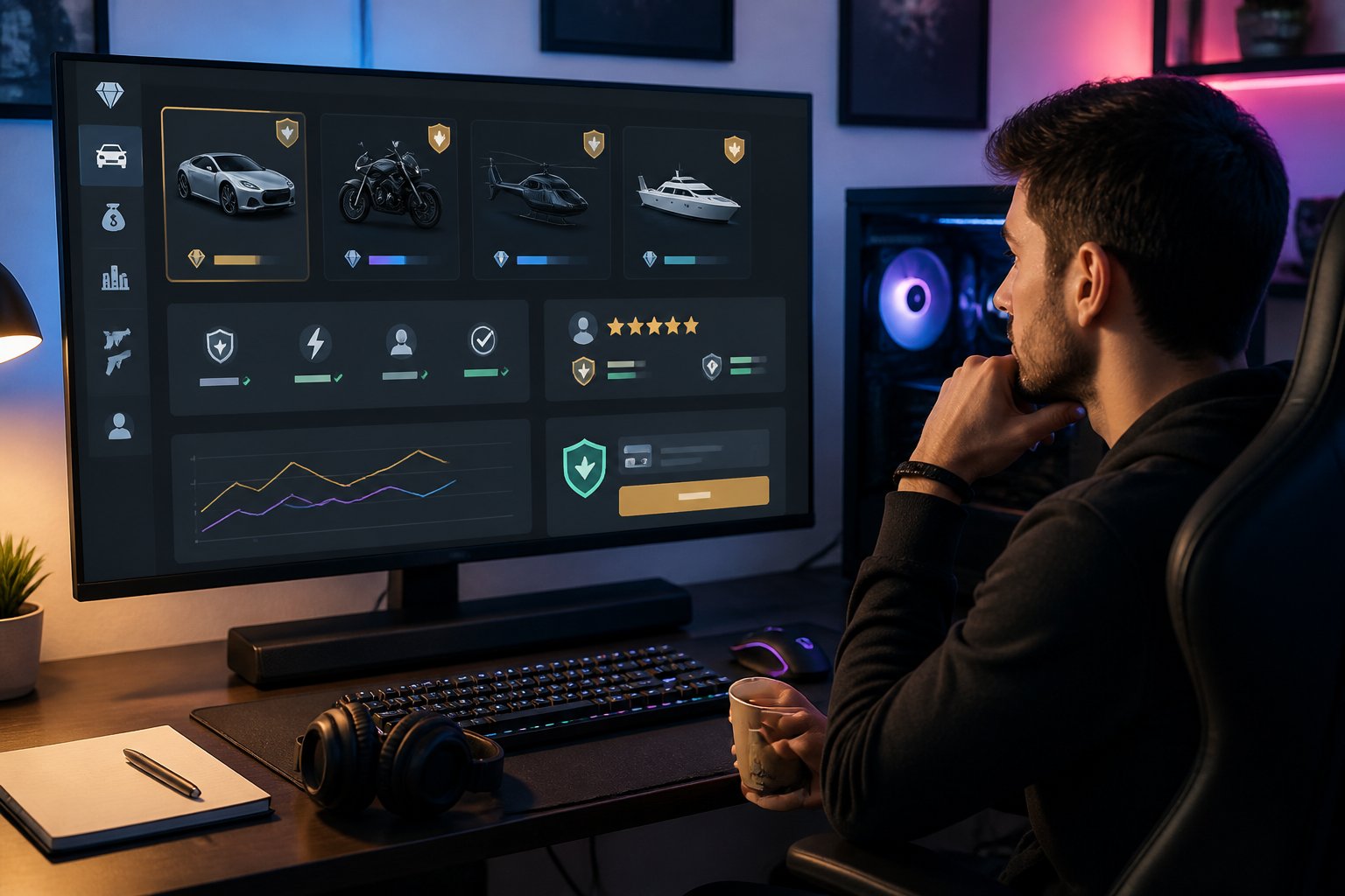 A gamer reviews fictional digital game items and purchase options on a computer in a modern workspace.