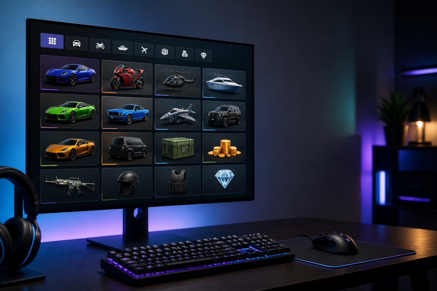 A gaming workstation displays a fictional open-world game inventory with vehicles, equipment, and virtual items.