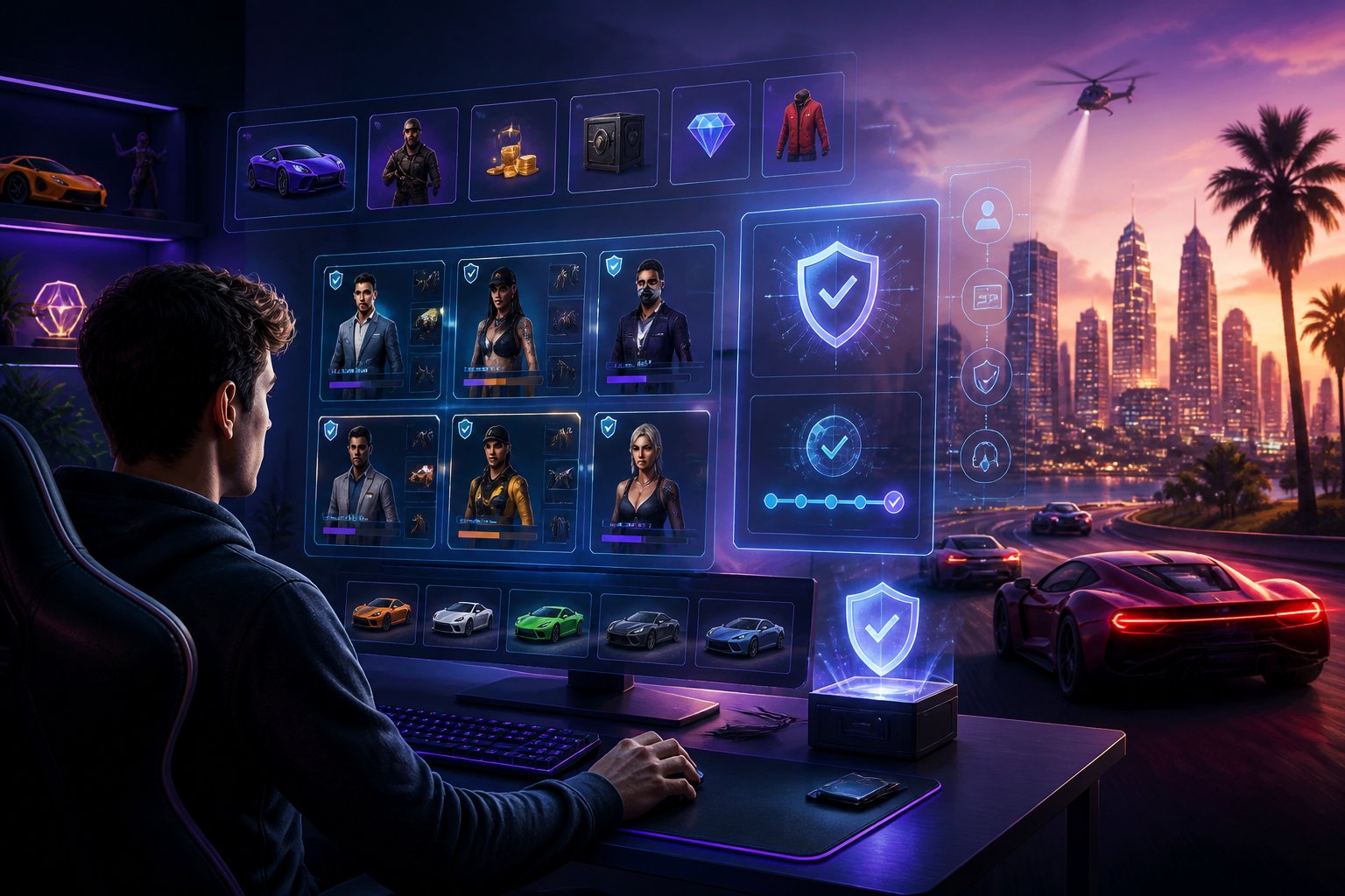 A gamer reviews a secure marketplace of customizable gaming accounts beside a futuristic cityscape and sports cars.