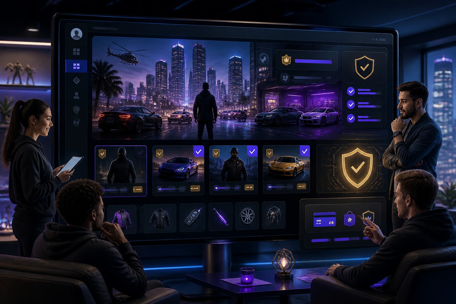 A professional gaming marketplace dashboard showing secure account listings beside a neon-lit open-world city, vehicles, and confident gamers.