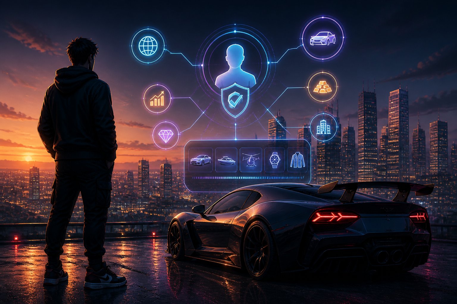 A gamer stands beside a customized sports car on a rooftop overlooking a glowing city at dusk.