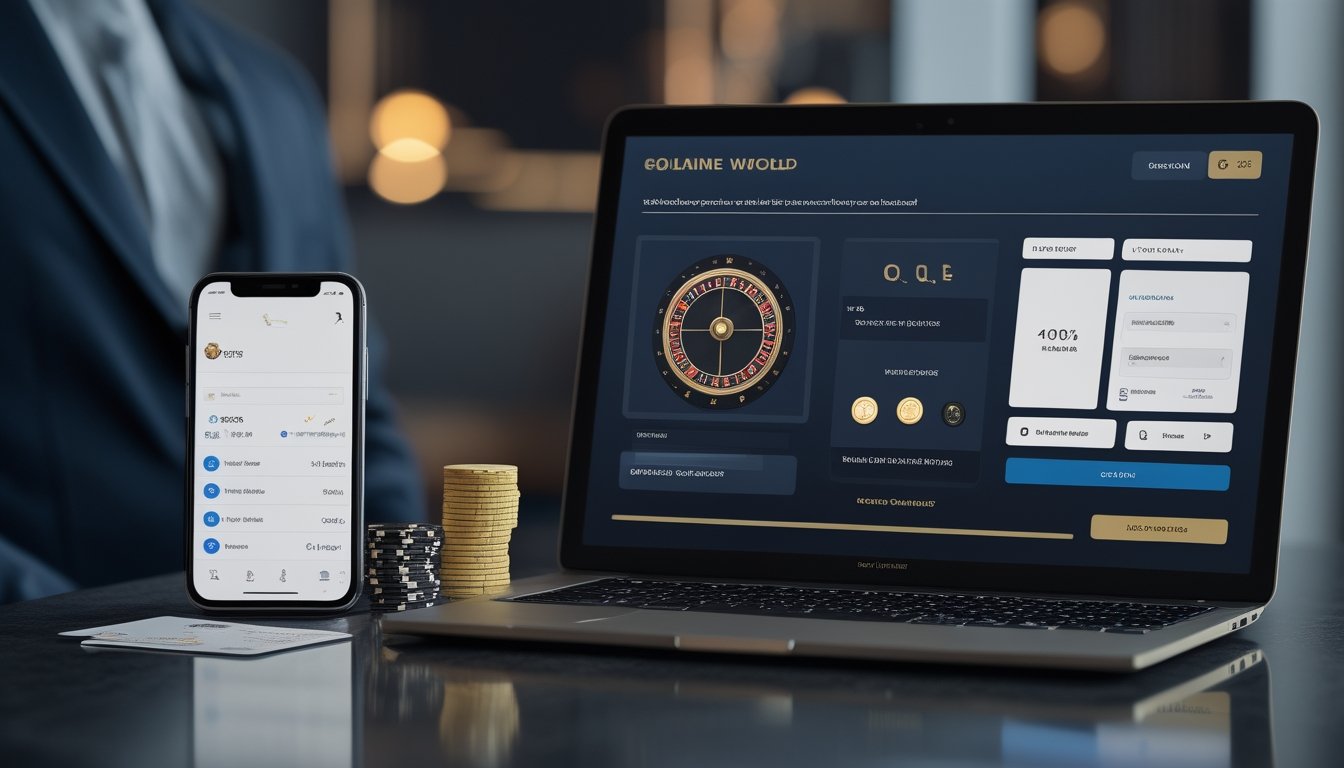 Perangkat digital menampilkan antarmuka kasino daring dengan kartu remi, roda roulette, dan keping taruhan di meja modern.