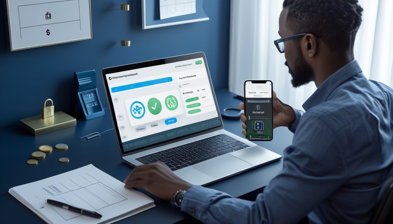 Seorang profesional meninjau platform online yang aman di meja kerja dengan laptop, ponsel, ikon perisai, dan kalkulator.