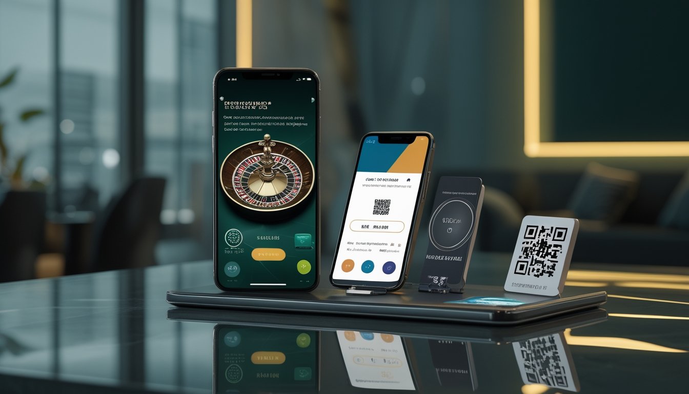 Ponsel menampilkan antarmuka pembayaran digital abstrak dengan simbol pembayaran nirsentuh dan elemen bernuansa kasino di atas meja kaca.