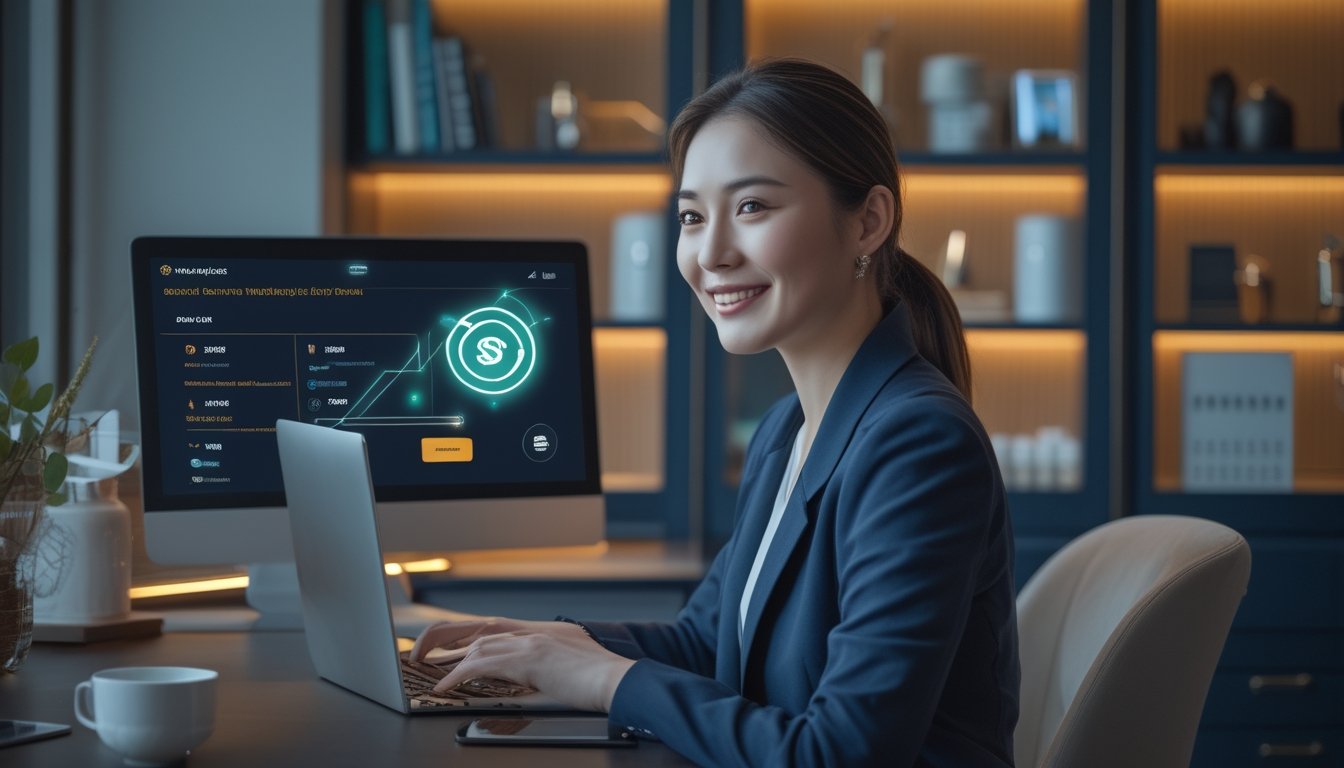 Seorang profesional menggunakan laptop dan ponsel dengan simbol pembayaran digital yang menunjukkan proses penarikan dana cepat dan aman.