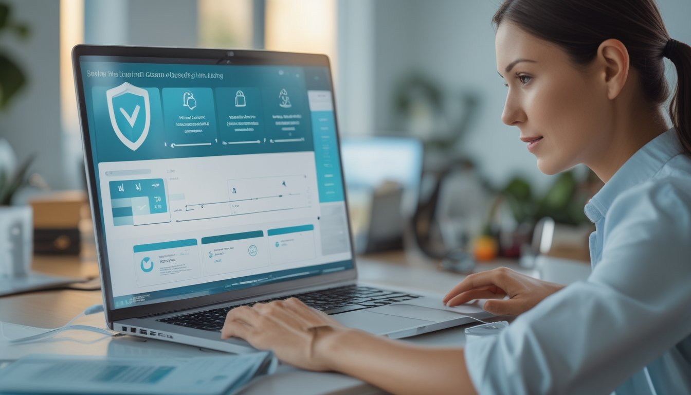 Orang dewasa memeriksa platform permainan digital yang aman di laptop dengan simbol perisai dan gembok.