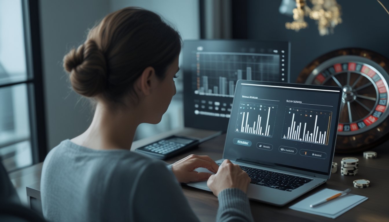 Seseorang menganalisis grafik statistik permainan di meja kerja dengan laptop, kalkulator, dan beberapa keping poker.