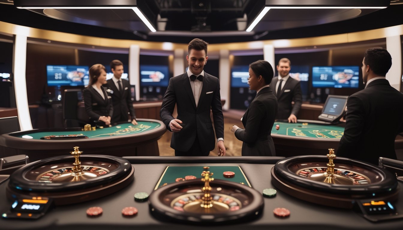 Dealer dan pemain menikmati berbagai permainan kasino langsung di studio modern.