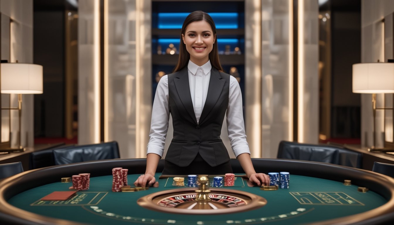 Dealer kasino wanita berdiri di belakang meja permainan dalam ruangan kasino modern yang elegan.