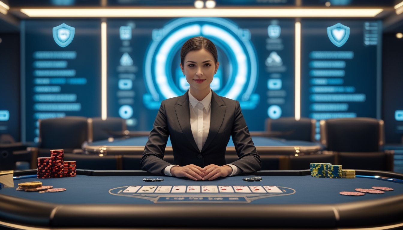Dealer wanita dewasa berada di studio kasino modern dengan elemen keamanan dan kepatuhan.