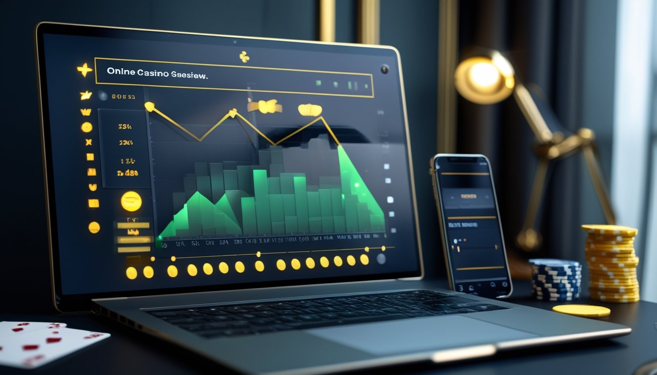 Laptop dan ponsel menampilkan grafik perbandingan kasino dengan keping poker dan kartu di atas meja.