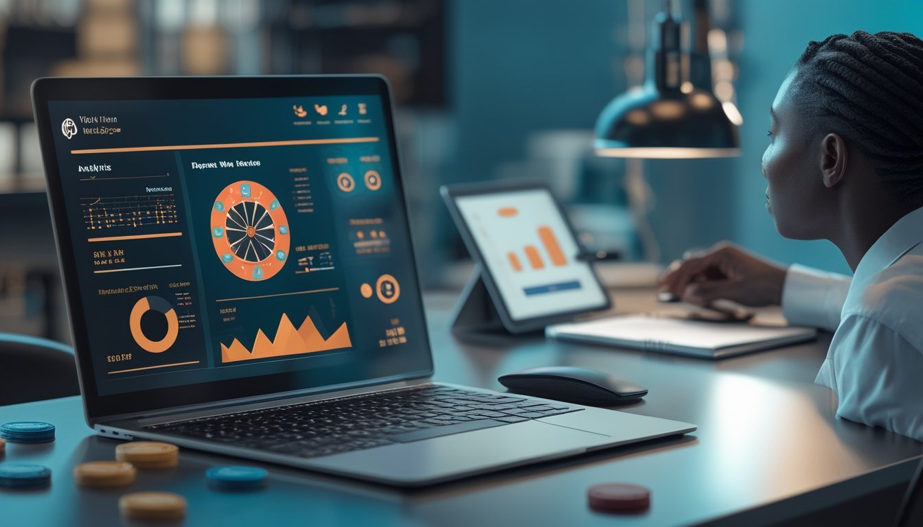 Seorang analis membandingkan data kasino daring abstrak di laptop dan tablet pada meja kerja modern.