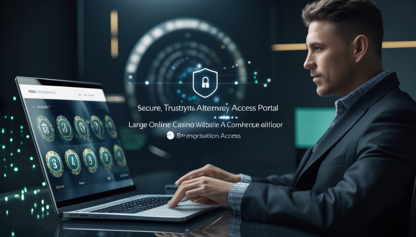 Seorang dewasa menggunakan laptop dan ponsel dengan tampilan digital abstrak bertema akses aman dan konektivitas.