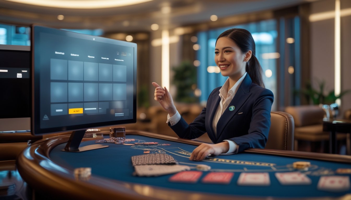 Dealer kasino memandu permainan langsung melalui layar komputer dalam suasana kasino mewah.