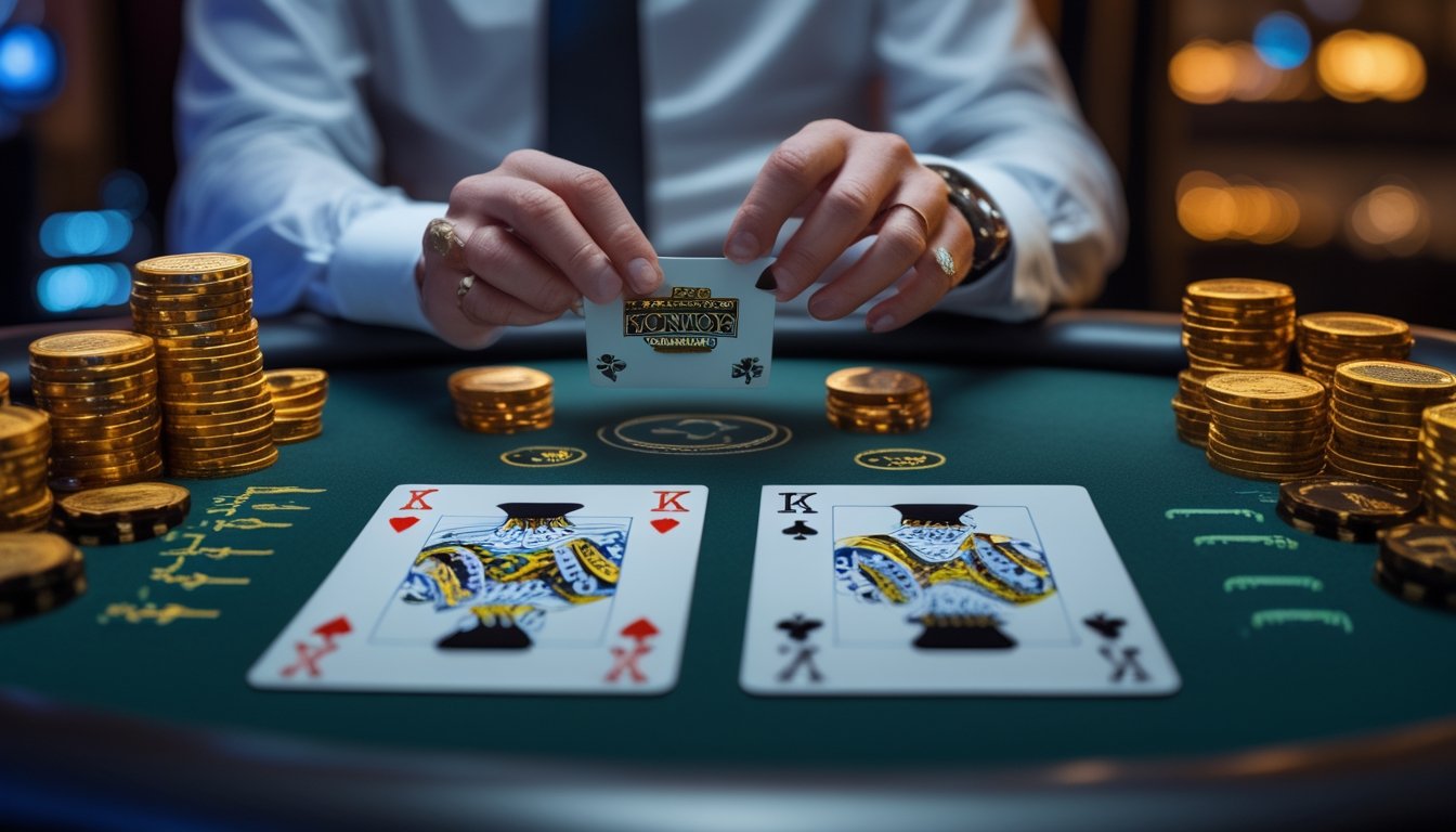 Meja blackjack dengan kartu terbuka, keping taruhan, dan tangan dealer dalam suasana kasino elegan.