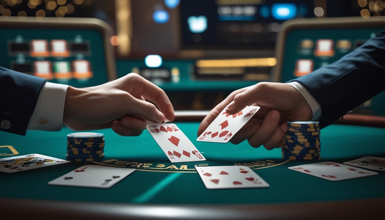 Meja blackjack dengan kartu, keping taruhan, dan layar permainan digital di latar belakang.