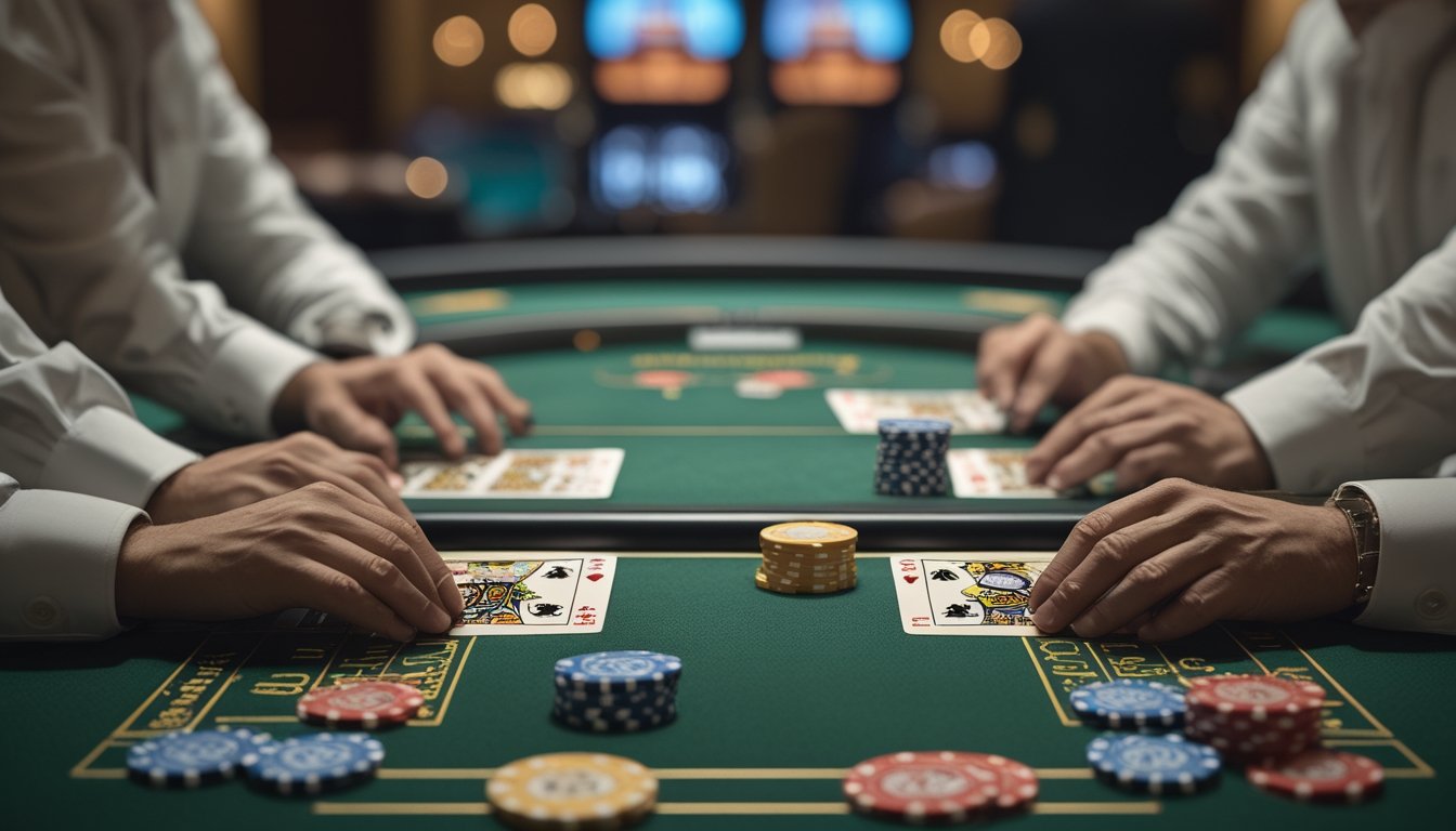 Seorang pemain dewasa berkonsentrasi di meja blackjack dengan kartu dan keping kasino.