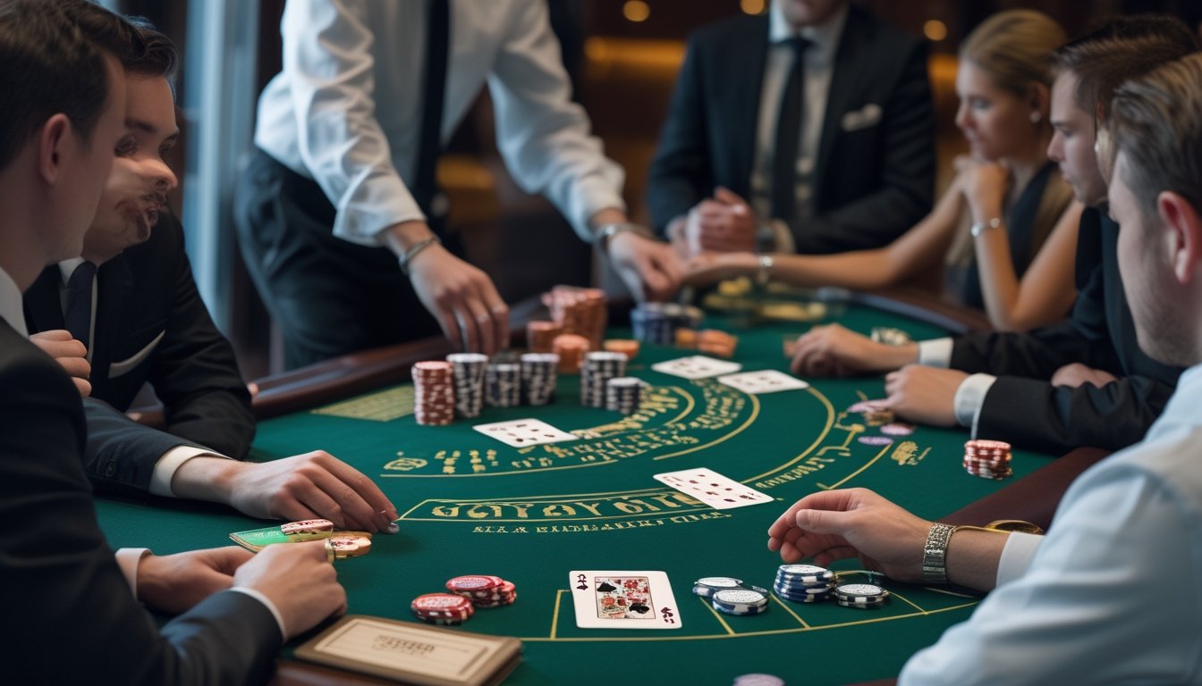 Dealer dan beberapa pemain sedang memainkan Double Exposure Blackjack di meja kasino dengan kartu dan chip terlihat jelas.