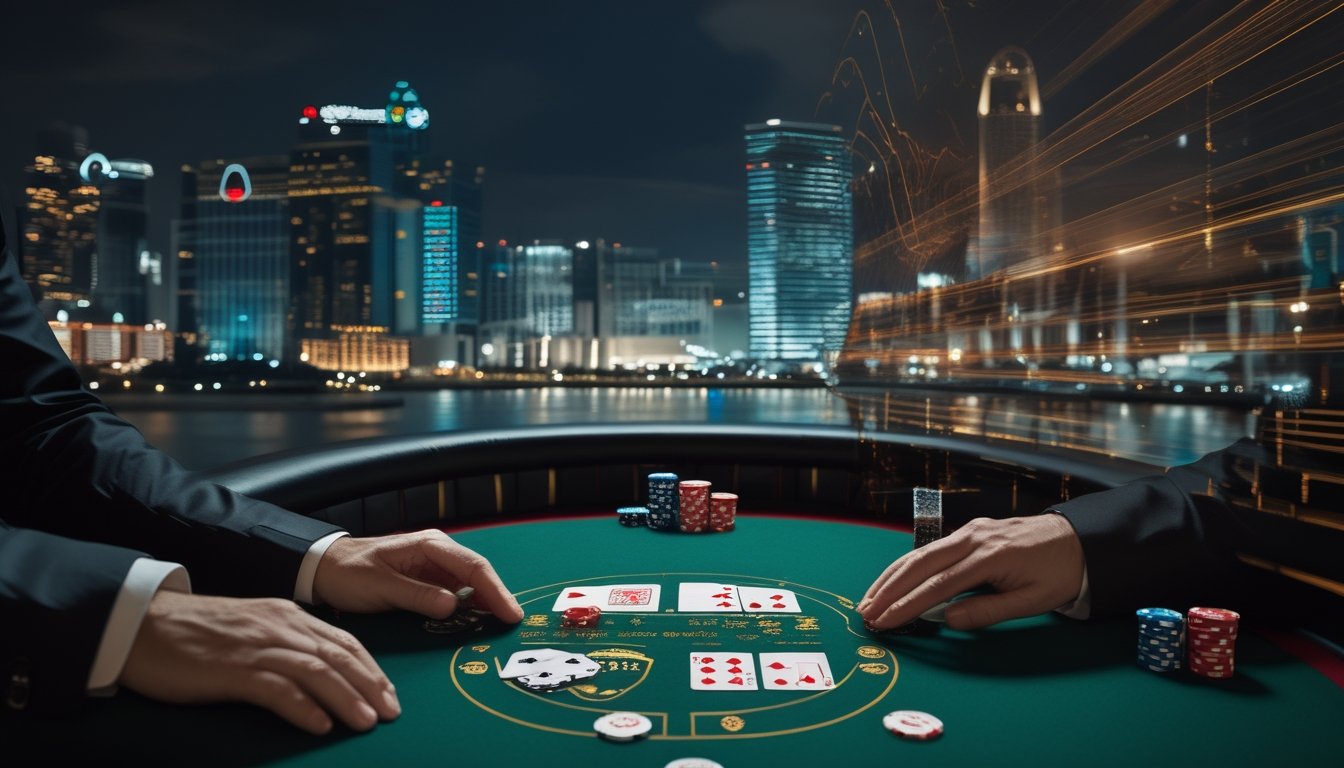 Meja blackjack dengan kartu, keping kasino, dan latar kota malam yang berpadu secara transparan.