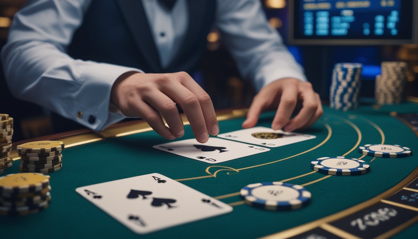 Meja kasino dengan kartu Double Exposure Blackjack, keping taruhan, dan tangan dealer yang sedang mengatur kartu.