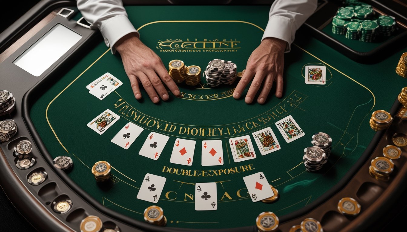 Meja blackjack kasino dengan kartu bermain, keping taruhan, dan tangan dealer.