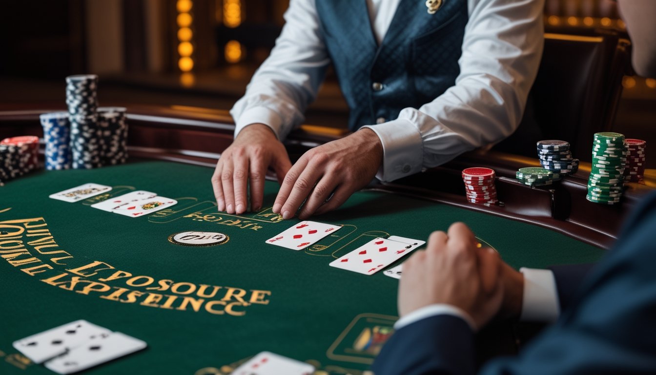 Dealer memperlihatkan dua kartu terbuka di meja blackjack sementara pemain mengamati permainan.
